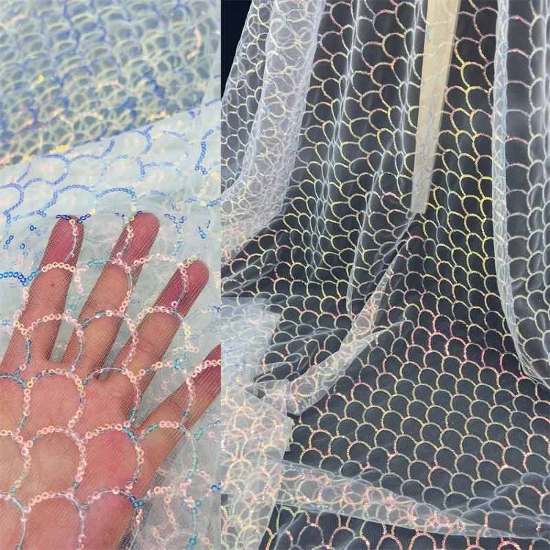 1 Yards Fish Scale Sequin Glitter Fabric Net Embroidery Spring and Summer for DIY Sewing Clothes Skirts Dresses Handmade Cloth