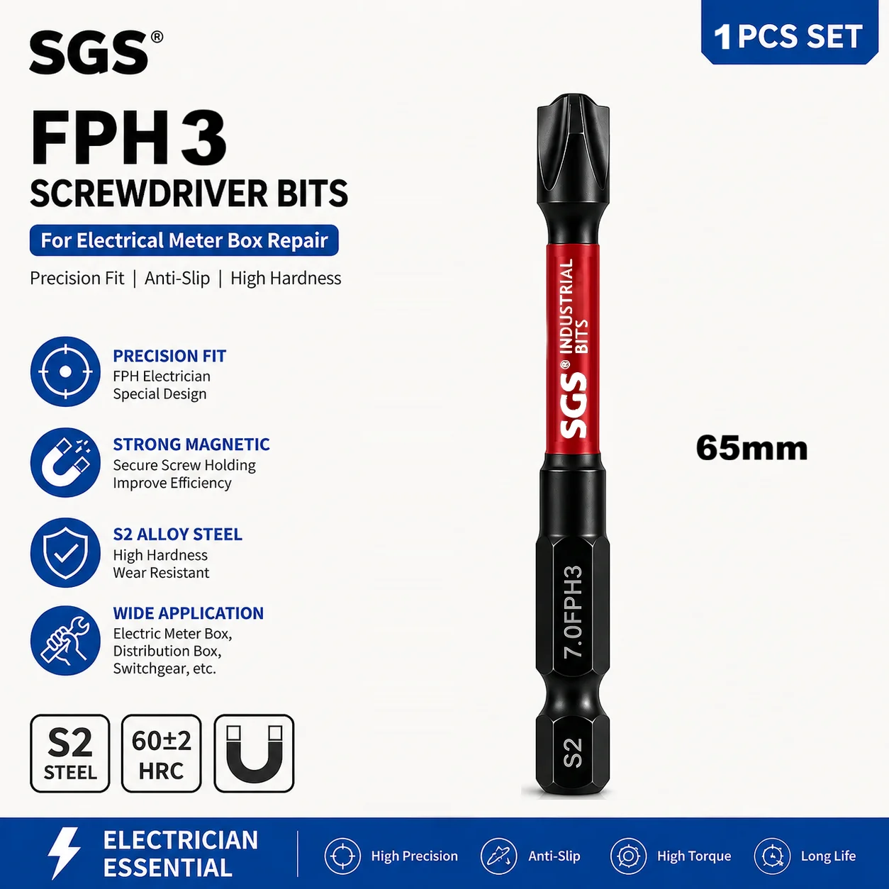 FPH Elektriker-Schraubendreher-Bit-Set 65mm Magnetische S2-Stahl-Schraubendreher-Bits für Zählerkasten Verteilerschrank Leistungsschalter Elektrische Geräte Reparatur – Detail 7