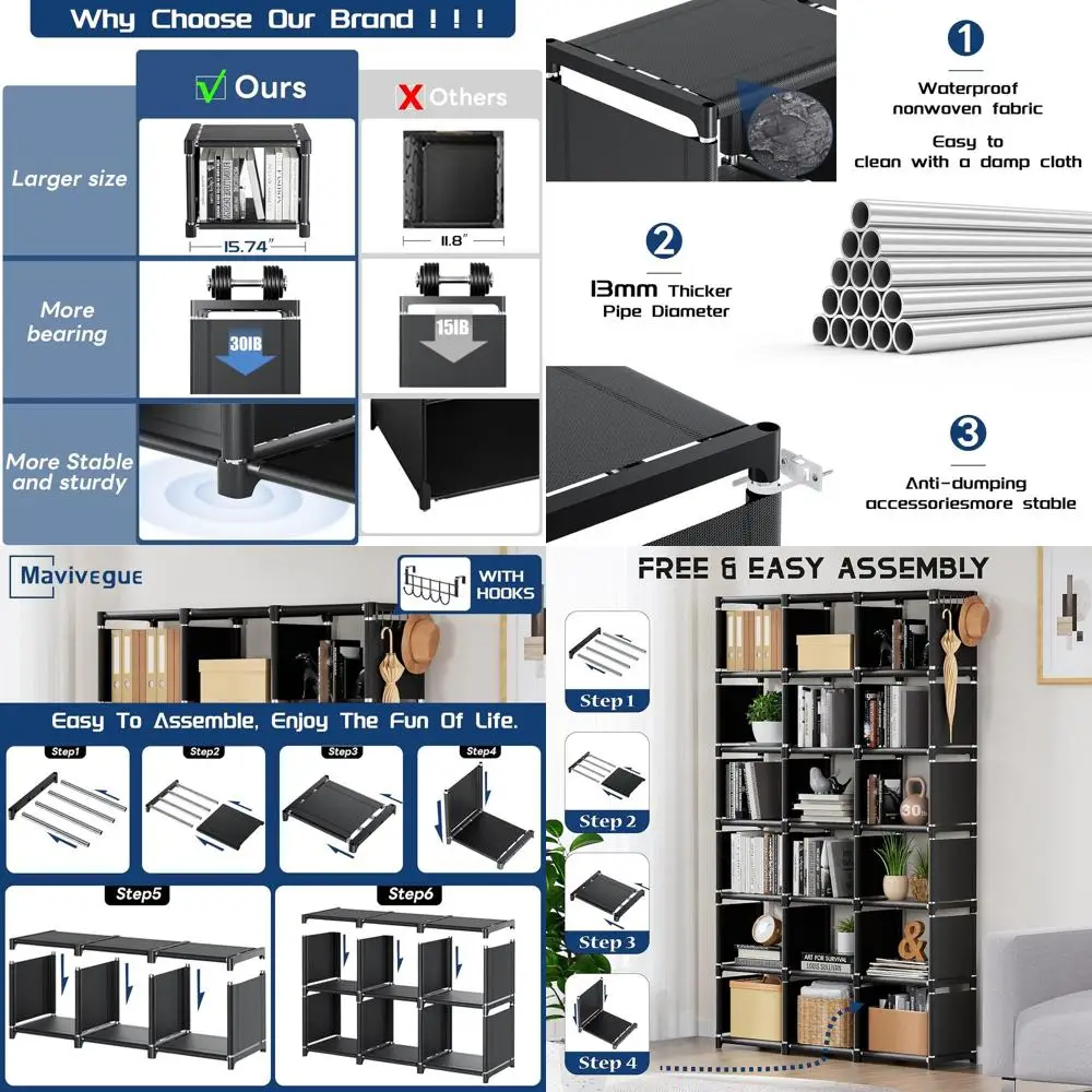 

Extra Large 18-Cube Black Bookshelf Organizer for Home, Bedroom, and Office DIY Storage