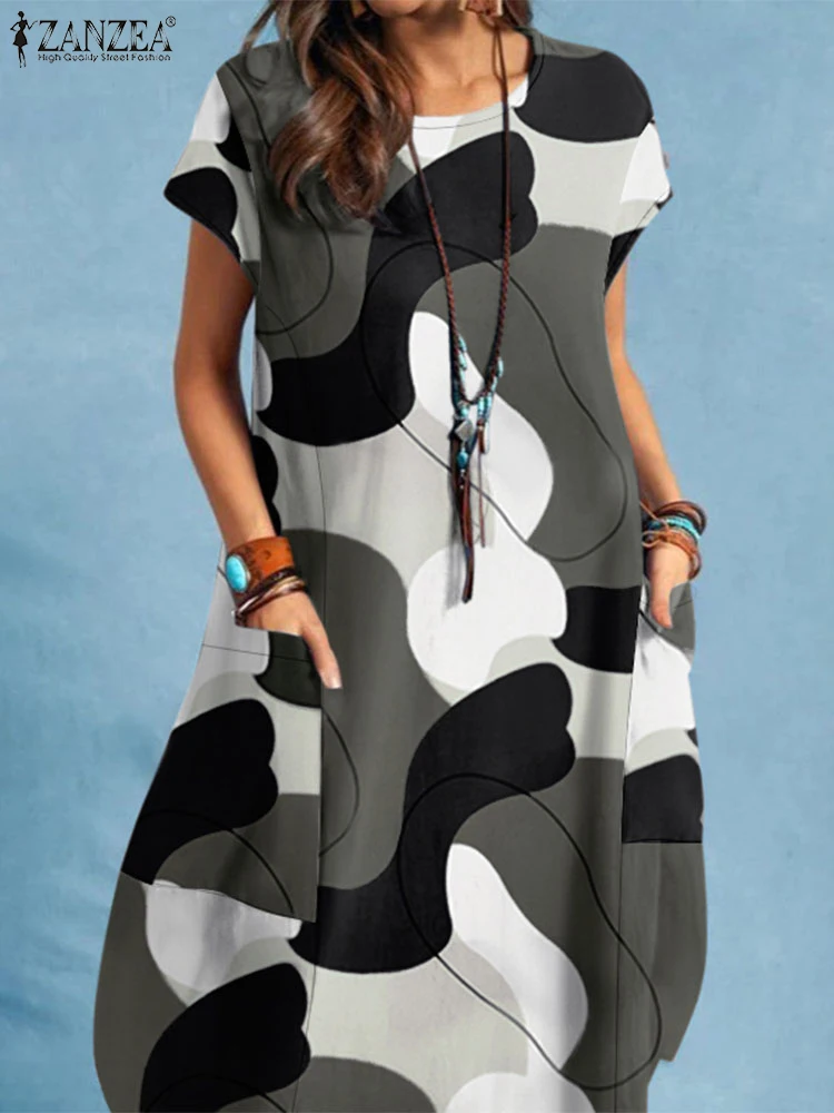 2024 ZANZEA moda letnia z krรณtkim rฤkawem kwiatowy Printed Sundress kobiety artystyczna plaลผa sukienka do kolan Vintage Party Vestido