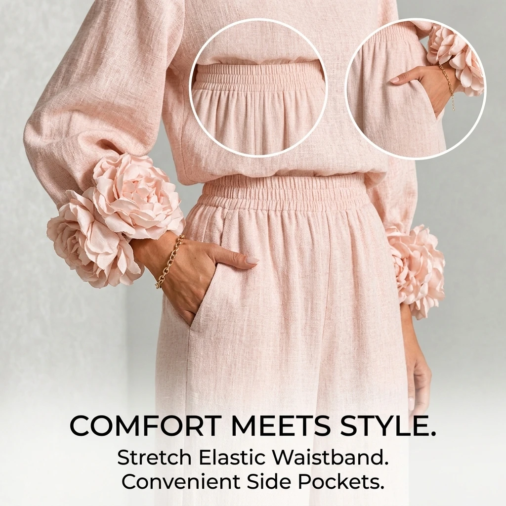 2 Piece Pants Set for Women Long Sleeve Top with 3D Flower Cuffs and Wide Leg Trousers Elegant Commuter Outfit image 6