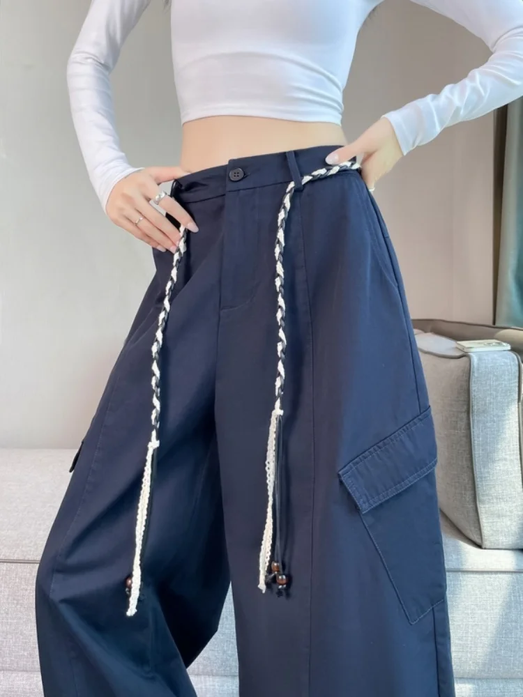 American Style High Waist Cargo Pants Women's Autumn New Small Size Slimming Loose Drapey Floor-Length Knife Wide Leg Pants
