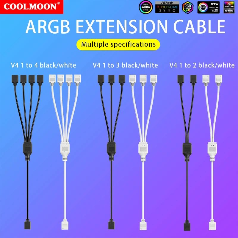 COOLMOON ARGB Splitter 5V 3 Pin 1 to 4 Universal 30cm Mainboard ARGB Extension Cable with Protective Cap for Desktop PC