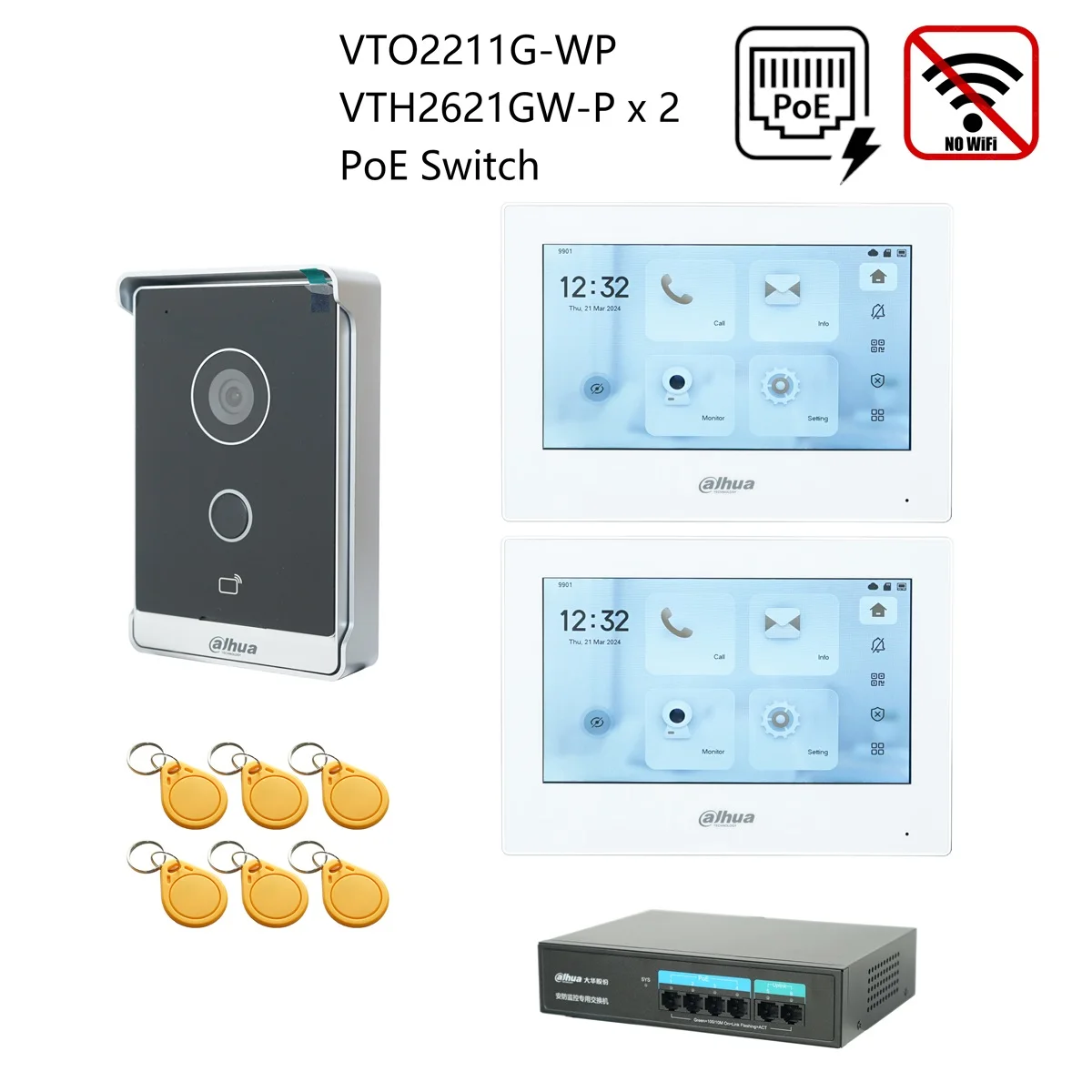 Dahua originele IP Video Intercom KIT, VTO2211G-WP & VTH2621G-P & PoE schakelaar, ondersteuning telefoon app, RFID Card Ontgrendelen