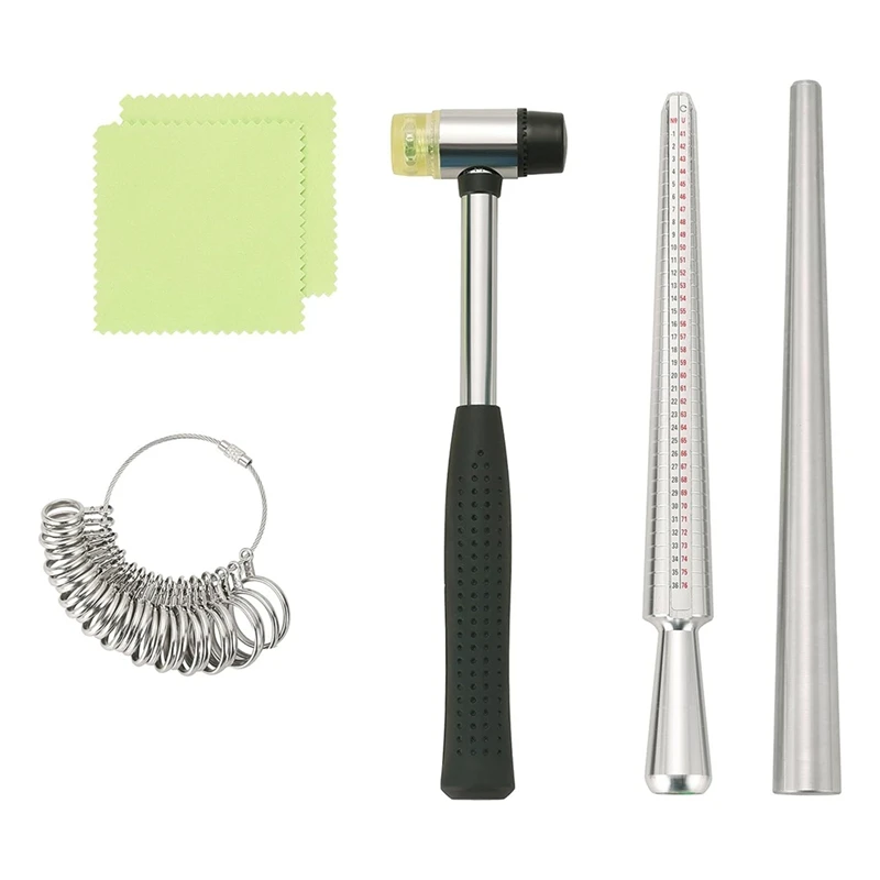 A25F-Ring Sizing Tool Kit With Ring Mandrel, Rubber Mallet, Double Sided Measuring And 2 Pieces Cleaning, Jewelry Sizing