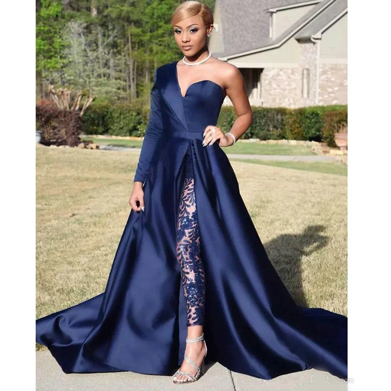 Haute Couture Simple Dark Blue Sweetheart One-Shoulder Satin Evening Dress For Women Long sleeves A-LINE Formal Prom Dress