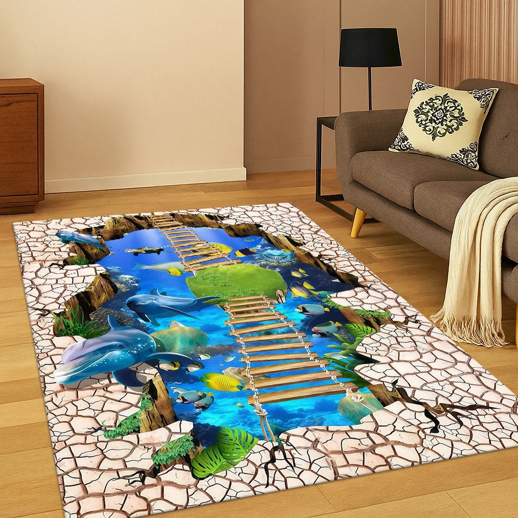 

3D Underwater World Illusion Carpet Rug for Home Bedroom Living Room Sofa Doormat Kitchen Decor,Kid Game Non-slip Area Rug Mat
