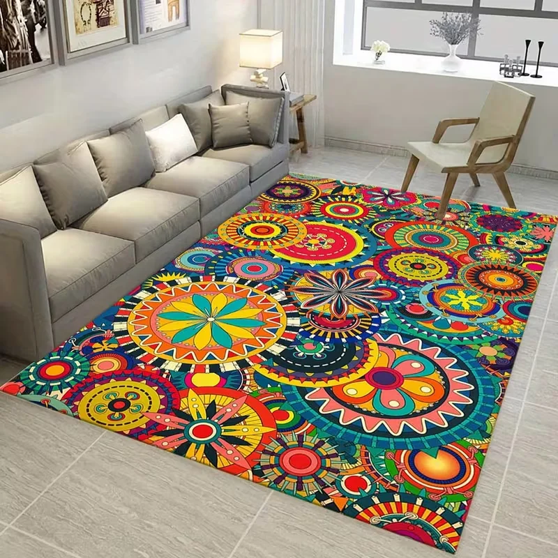 Alfombra Bohemia con Diseño de Mandala para Interiores y Exteriores, Alfombra Colorida con Patrón, Antideslizante, para Patio, Terraza, Sala de Estar, Dormitorio, Decoración del Hogar
