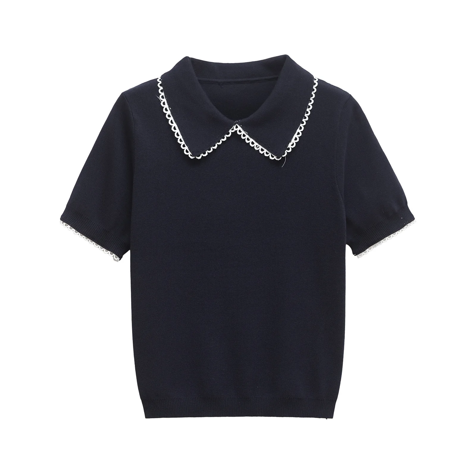 

ZBZA Women's Slim-fit Knit Cropped Pullover Polo Collar Elastic Hem Contrast Color Casual Commuter Shirt Spring Summer Chic Top