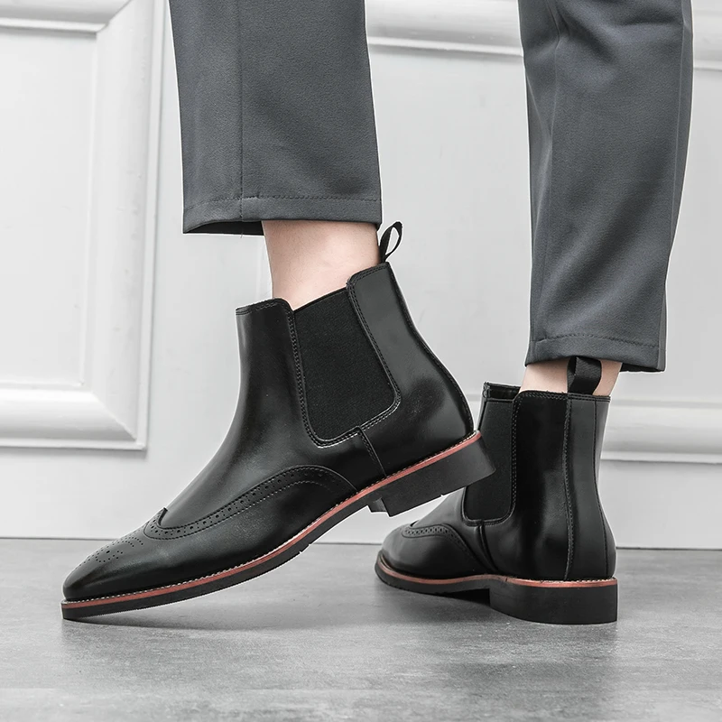 European Station New Men's Chelsea Boots British Vintage Block Carved Short Boots Black Brown Sizes 38-46 Men  Shoes