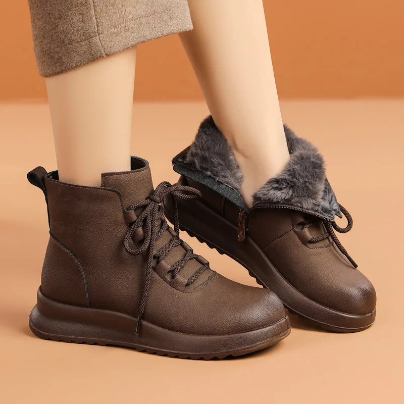 

2025 Winter Genuine Leather Shoes Women Snow Boots Thick Sole 3cm Warm Plush Brand Ladies Ankle Boots Plus Size 41 D719