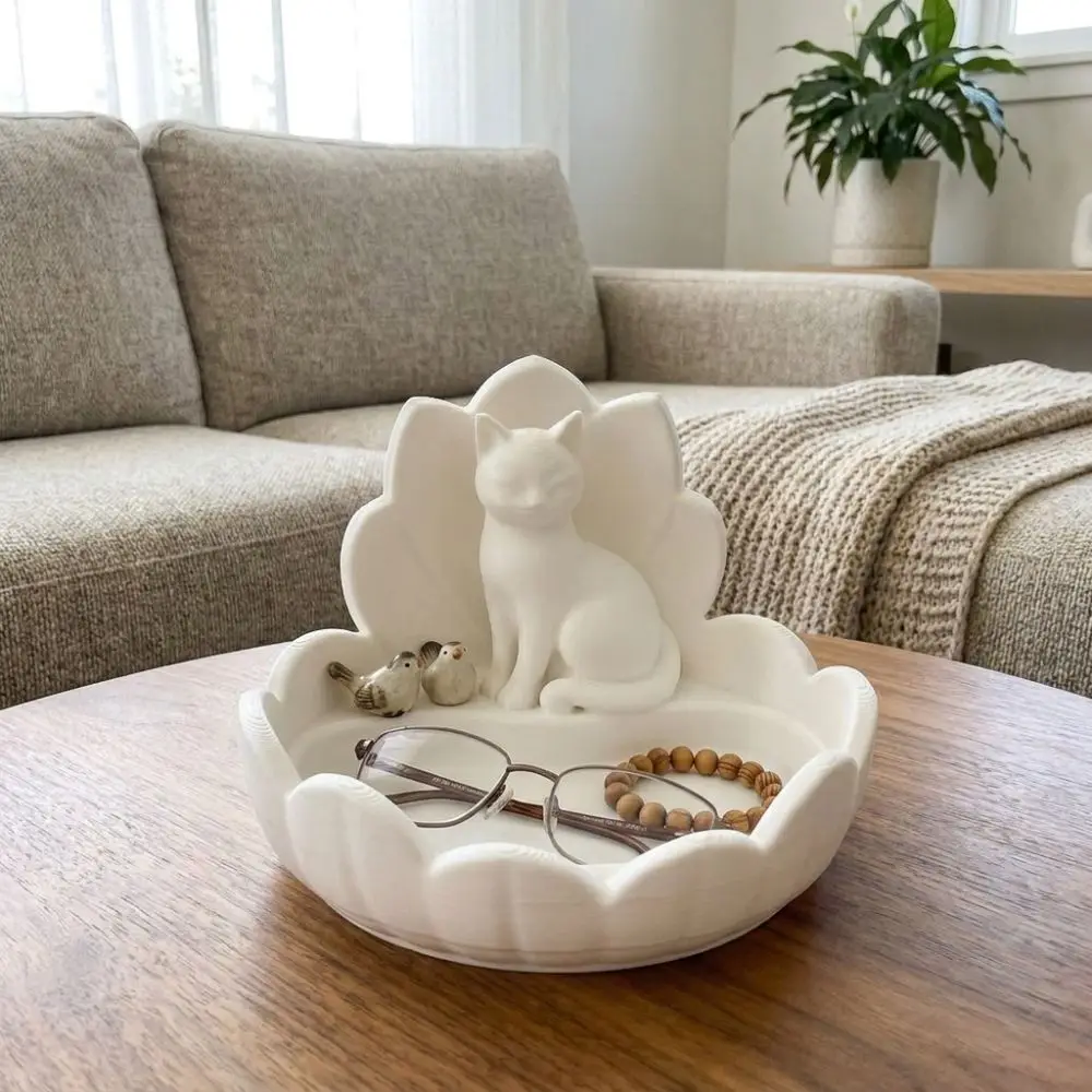 Cute Lotus Cat Jewelry Storage Tray 3D Printed Lotus-Shaped Cosmetic Storage Dish Stable Base Plastic Key Storage Bowl Bathroom
