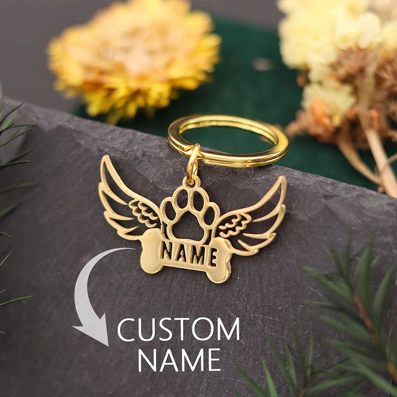 

Custom Name Pendant Keychain Personalized Dog Paw With Wings Key Chains Custom Stainless Steel Women's Jewelry Mother's Day Gift