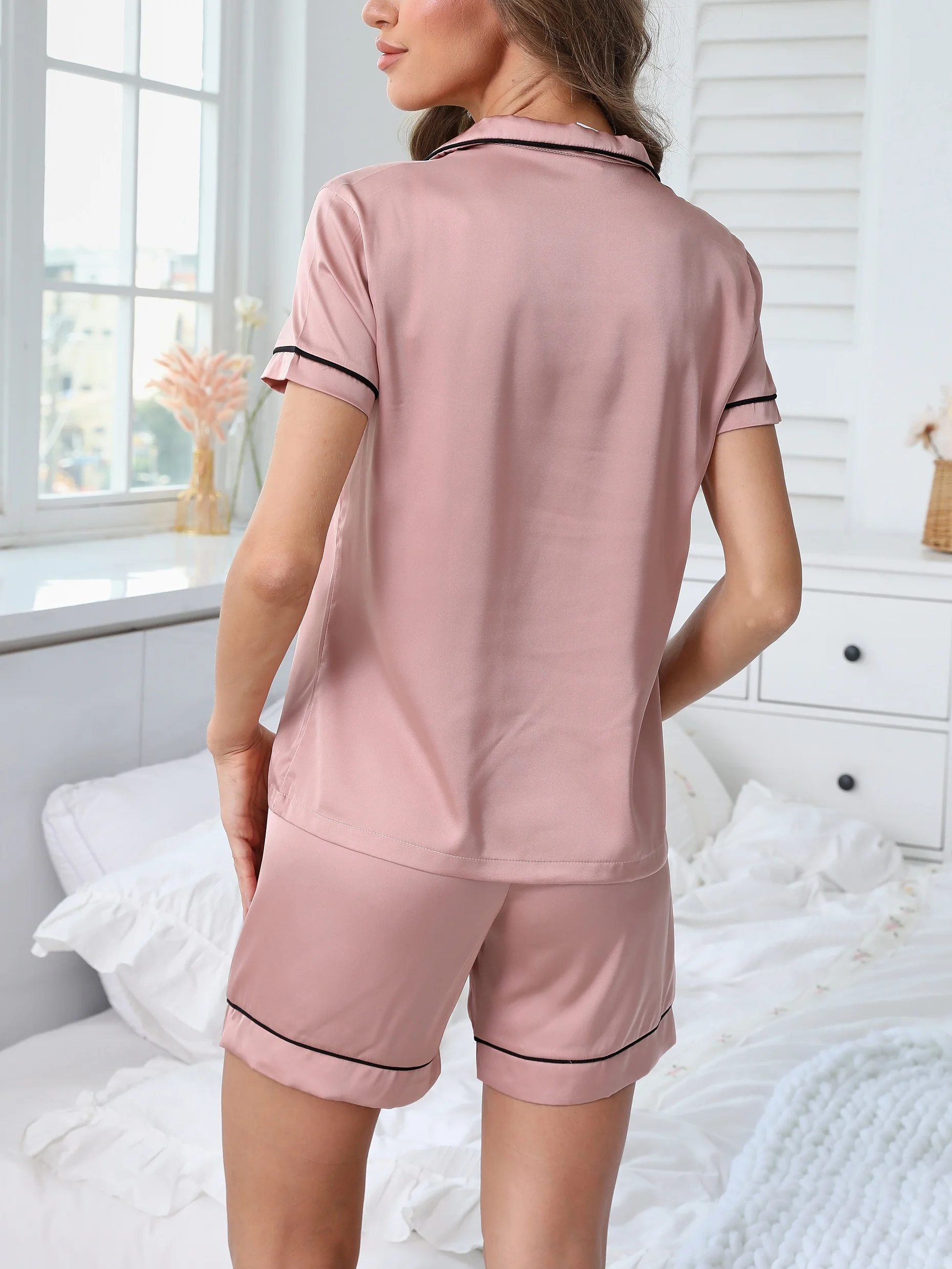 Conjunto de pijamas femininos de cetim de seda manga curta loungewear 2 peças conjuntos de pijamas com botões para o verão conjunto de pijamas femininos