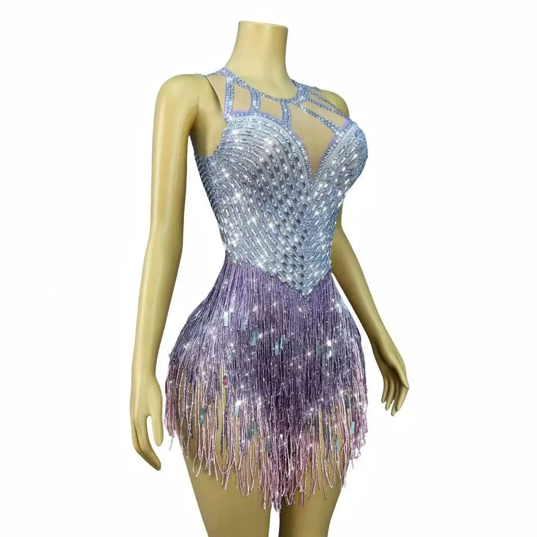 Sparkly Rhinestones Sequins Tassel Sleeveless Bodysuit for Women Sexy Performance Dance Costume Bar Stage Singer Dancer Leotard
