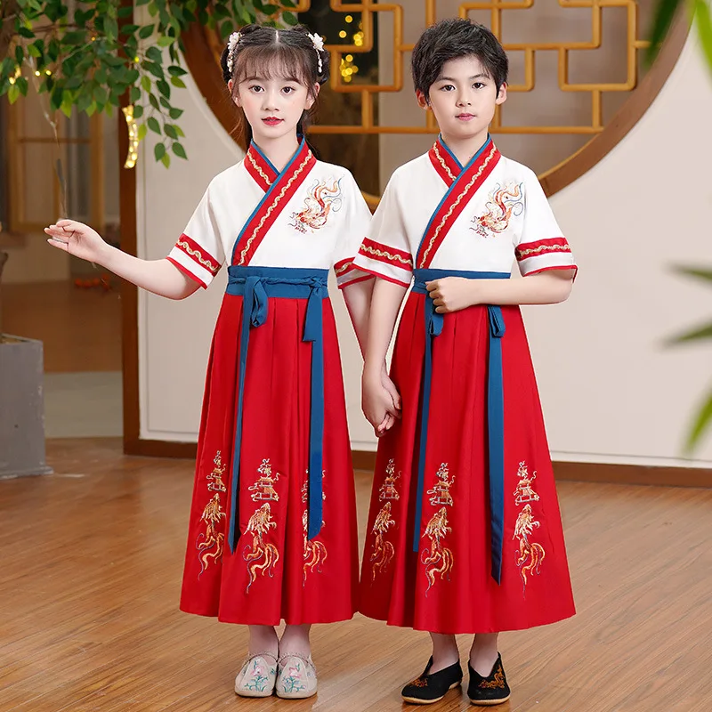 Summer Boy Hanfu Cosplay Short Sleeve Hanfu Girls Dress Show Women Outfit Adult Ancient Costumes Children's Clothing Vestidos