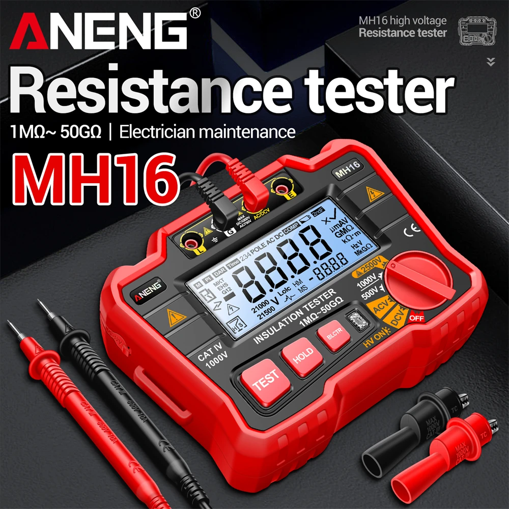 Probador de resistencia, medidor de ohmios, Kit de resistencia ANENG MH16, cables de prueba de ohmios, pinzas de cocodrilo, herramientas de prueba de voltímetro de tierra