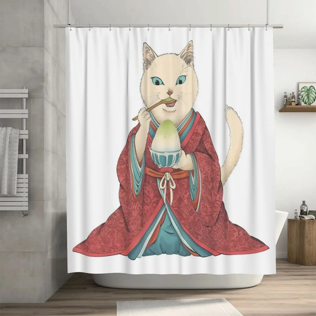 Japanese Style Cat Eating Shaved Ice Shower Curtain Bathroom Polyester Waterproof Bath Curtains with Hooks