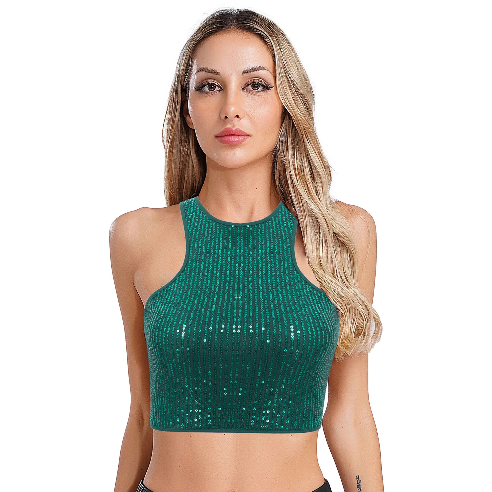 

Womens High Street Goddess Tops Glitter Sequin Tank Tops Sleeveless Crew Neck Solid Slim Fit Vest Crop Tops Streetwear Clubwear