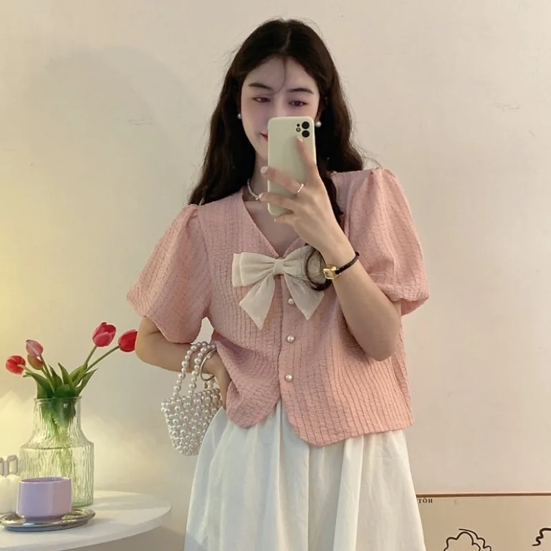 

Short Sleeve Shirts Womens Tulle Patchwork Pintuck Bat Sleeve Shirt Subculture Fairycore Trend Artistic Urban Student Youthful