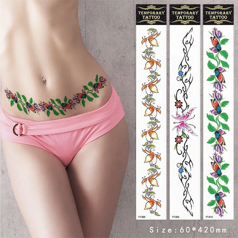 Sexy Flower Navel Tattoo Stickers Long Belly Abdomen Waist Back Arm Thigh Chest Waterproof Temporary Tattoos for Women Girls