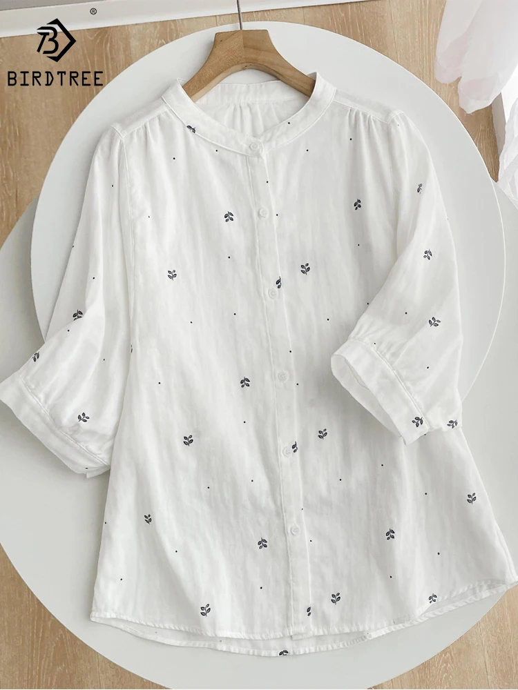 New Summer Spring Double Layer Cotton White Shirts Female 3/4 Batwing Sleeve Stand Collar Tops Leaf Print Casual Loose T34734C