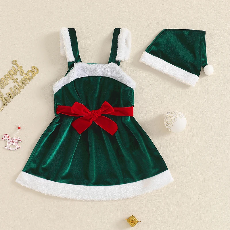 6M-3Y Baby Girls Christmas Dress Velvet Plush Terry Trim Patchwork Bow Waistband Sleeveless A-Line Tank Dress with Hat