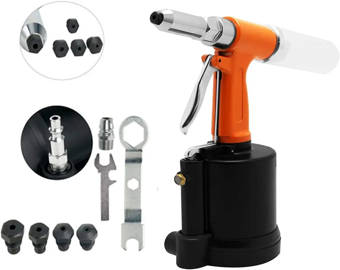 Pneumatic Rivet Gun Set with 5 Nosepieces, Lightweight Air Tool for Easy Riveting and Labor Saving