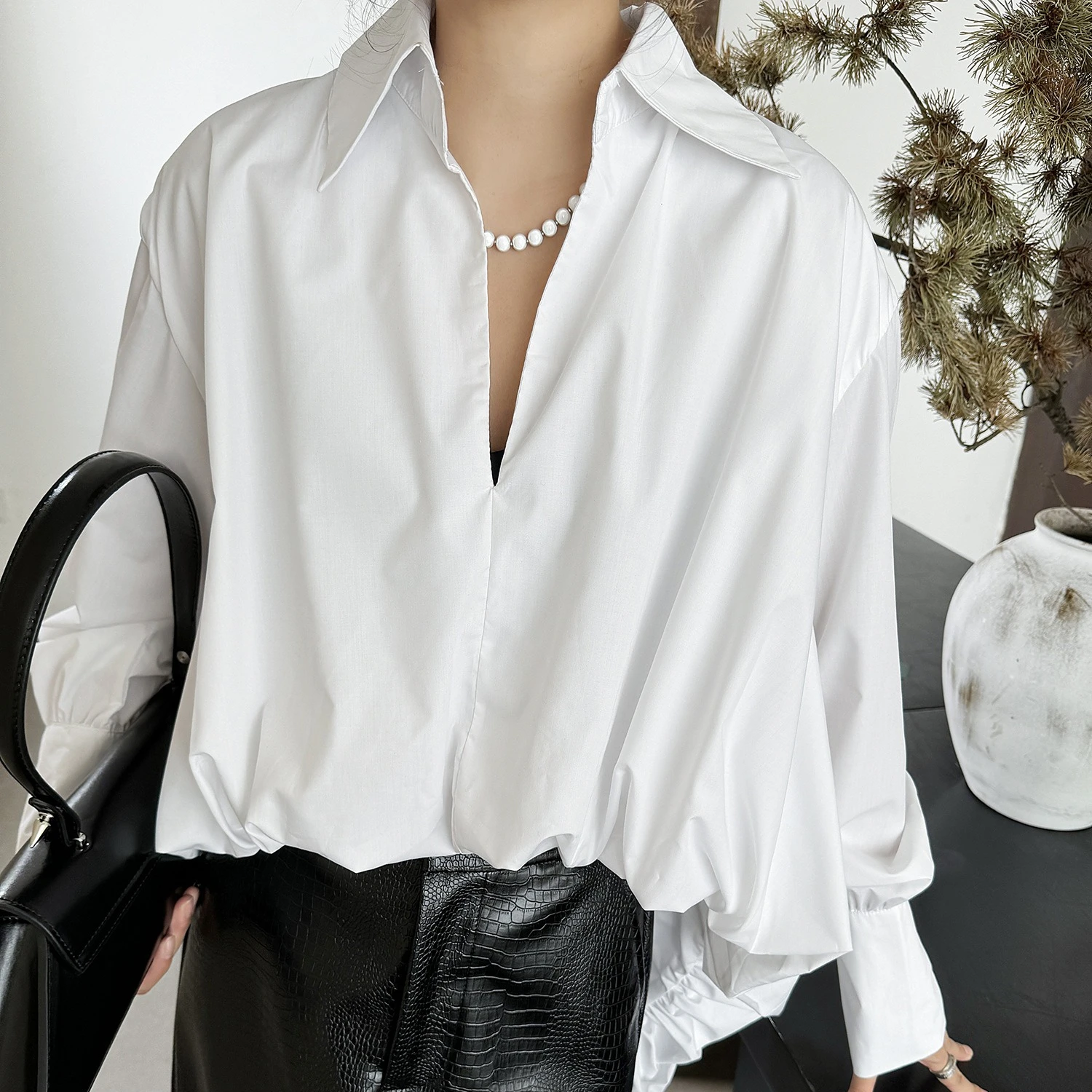 

Women Shirt White Mid Length Blouse Pleated Asymmetric V Neck Long Sleeve Slight Stretch Loose Y2k Casual Streetwear 2025 Autumn