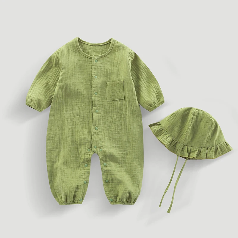 2Pcs Muslin Baby Romper Hat 100% Cotton Toddler Jumpsuits Boys Girls Clothes Set Spring Autumn Infant Outfit Suit Newborn Onesie