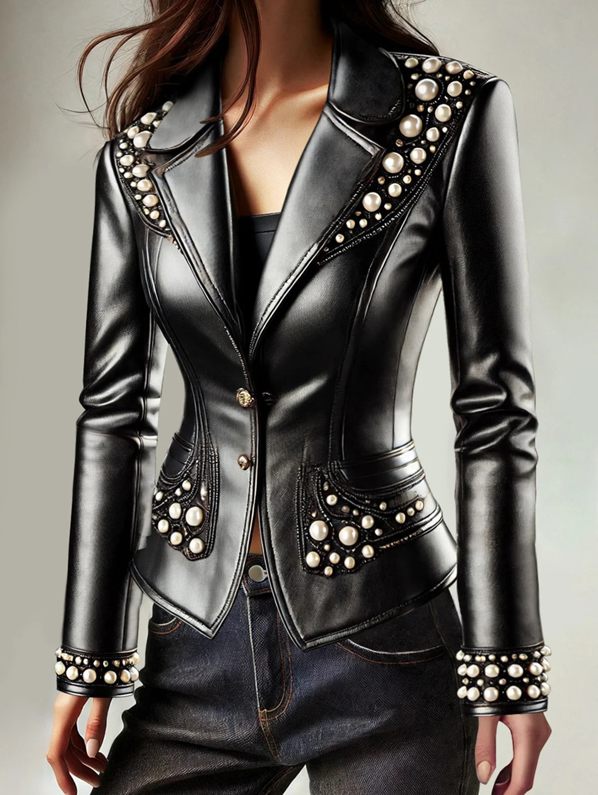

PU Leather Jacket 2025 New Women's Autumn/Winter Solid Color Jacket Fashion Lapel Collar Two Button Pearl Decor Jacket Coat