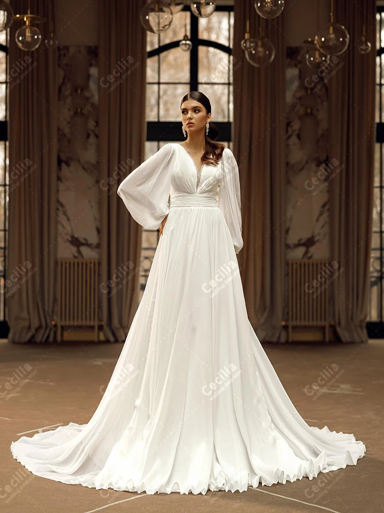Elegante Brautkleider aus Chiffon, lange Puffärmel, bezaubernde Roben, tiefer V-Ausschnitt, anmutig, anmutig, Vestidos de Novia