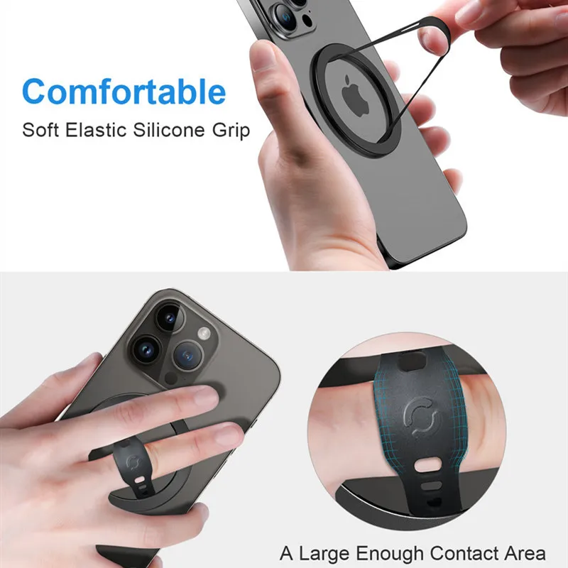 Magnetic Ring Phone Holder for Magsafe Wireless Charging Phone Grip Stand with Silicone Finger Strap Removable Car Phone Holder