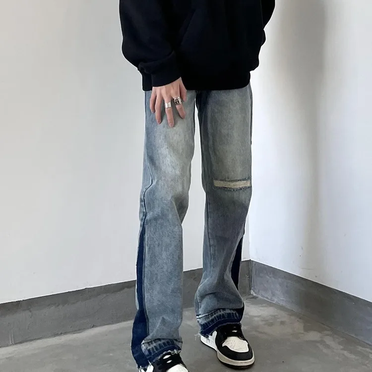 

Американские винтажные новые модные мужские повседневные модные простые базовые свободные потертые джинсовые брюки мужские широкие расклешенные джинсы