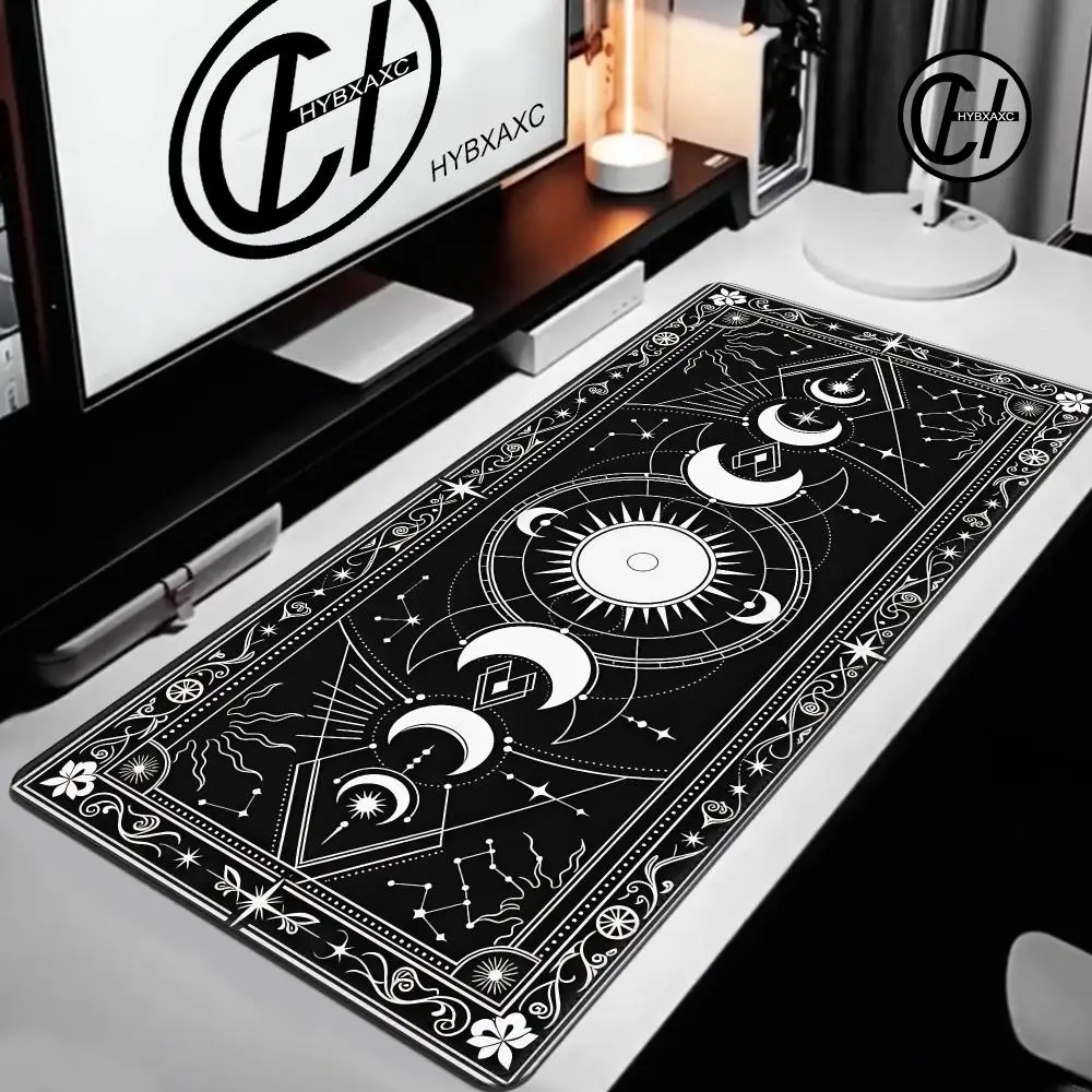White & Black Deskmat Gaming Tarot Astrology Aesthetic Rubber Mousepad 120x60cm Cartoon Celestial Moon Phases Non-slip Mouse Pad