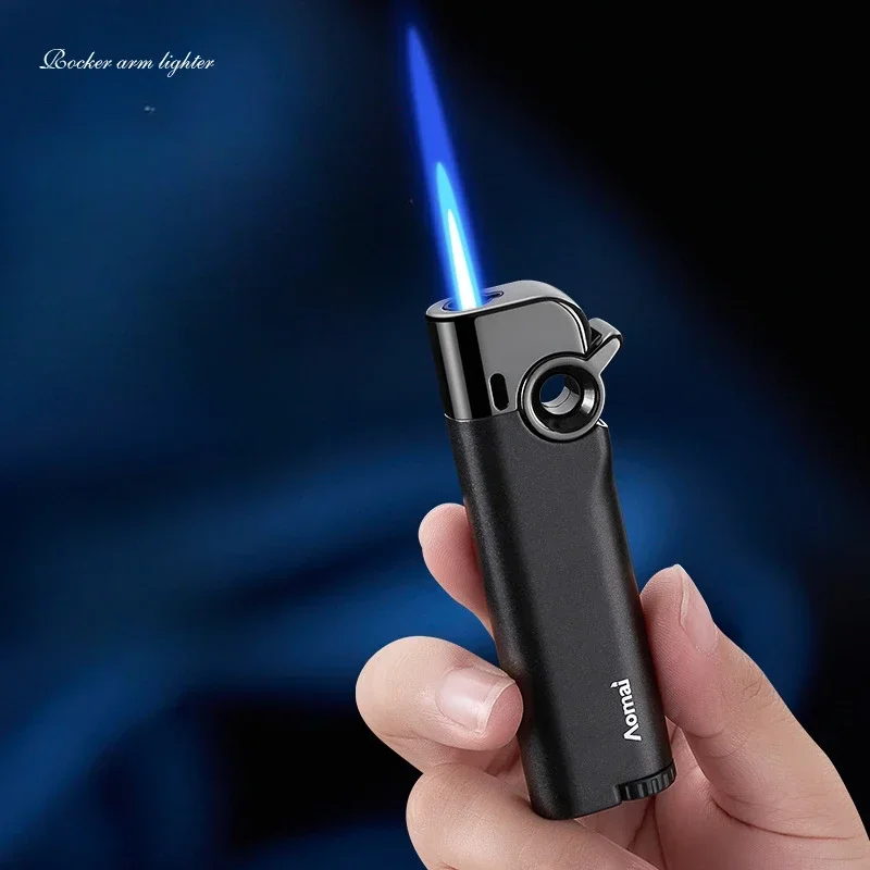 Compact Portable Rocker Arm Jet Blue Flame Buatane Lighter Metal Body Windproof Inflatable Cigarette Lighter Smoking Accessories