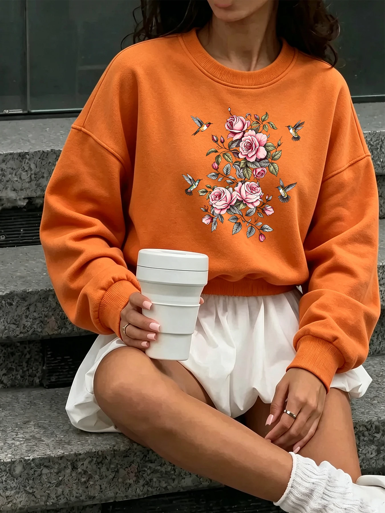 Rosa Rosen-Kolibri-Blumenmuster, Damen-Pullover mit Rundhalsausschnitt, Y2K-Sport-Sweatshirt, Herbst, lockere Kleidung, Fleece, Jogging, Streetwear – Detail 15