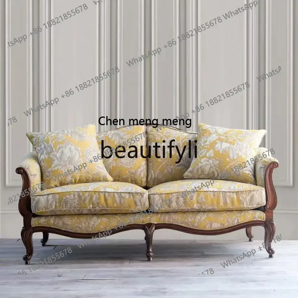 B178 American style, grid solid wood fabric sofa double triple sofa retro large apartment villa bedroom sofa