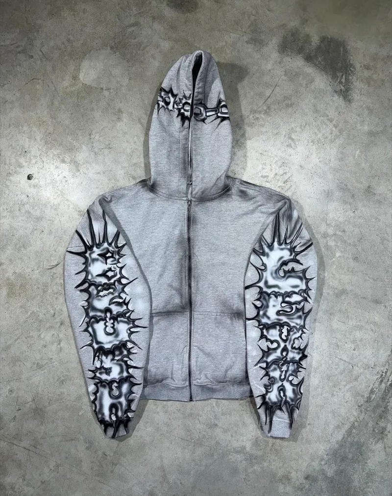 العصرية العلامة التجارية الهيب هوب Harajuku الرجعية المتضخم قلنسوة بسحاب النساء شارع العليا روك Y2K عادية مخطط طباعة فضفاض البلوز الرجال #1