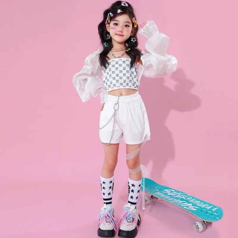 Kpop Girls Clothes Jazz Dance Costume White Performance Suit Hip Hop Modern Dance Outfit Kids Stage Wear Fashion Clothing