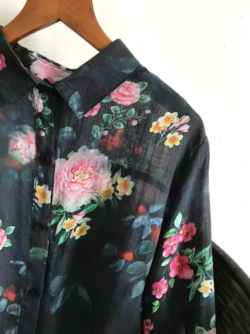 2026 Women's 100% Ramie Long Sleeve Shirt Vintage Black Romantic Peony Floral Print Blouse Summer Casual Vacation Top