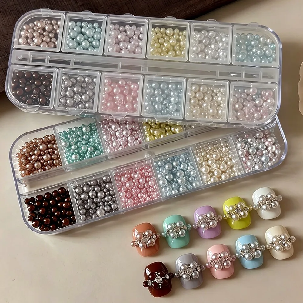 12Grids Dopamine Round Pearl Nail Rhinestones Mixed Size Colorful Pearl Beads Nail Gems Charms Pearls Nail Accessories 3m-5mm #