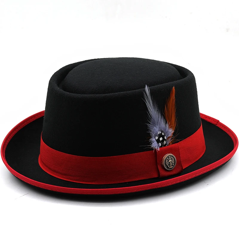 Fashion Women Men Pork Pie Hat Dad Wool Flat Fedora Hat Lady Gentleman Gambler Panama Trilby Hat With Fashion Feather Size 58CM