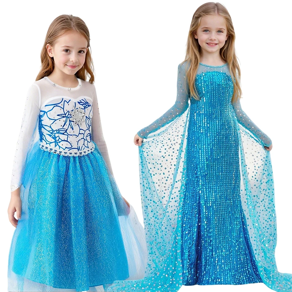 Kids Halloween Birthday Party Clothes Children Carnival Blue Snow Sequins Elsa Cosplay Dress Girls Elegant Blue Princess Costume