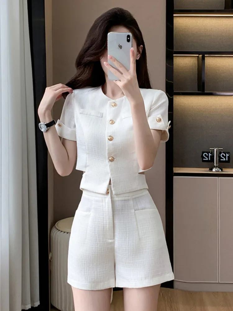 High Street French Elegant Fashion Small Fragrance Two Piece Set Women Shirt Top + Short Sets Summer 2 Piece Pant Sets Outfits