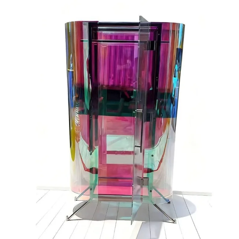 Colorful acrylic round storage cabinet, rainbow holographic effect wardrobe display cabinet, colorful color-changing effect