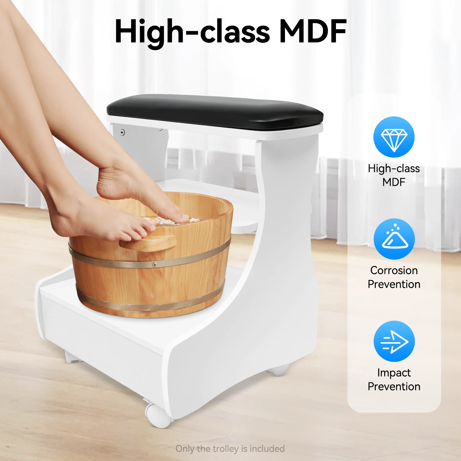 

2 in 1 MDF Foot Rest Pedicure Manicure Funiture 20kg Loadable Footbath Stool with Wheels Trolley for Foot Bath