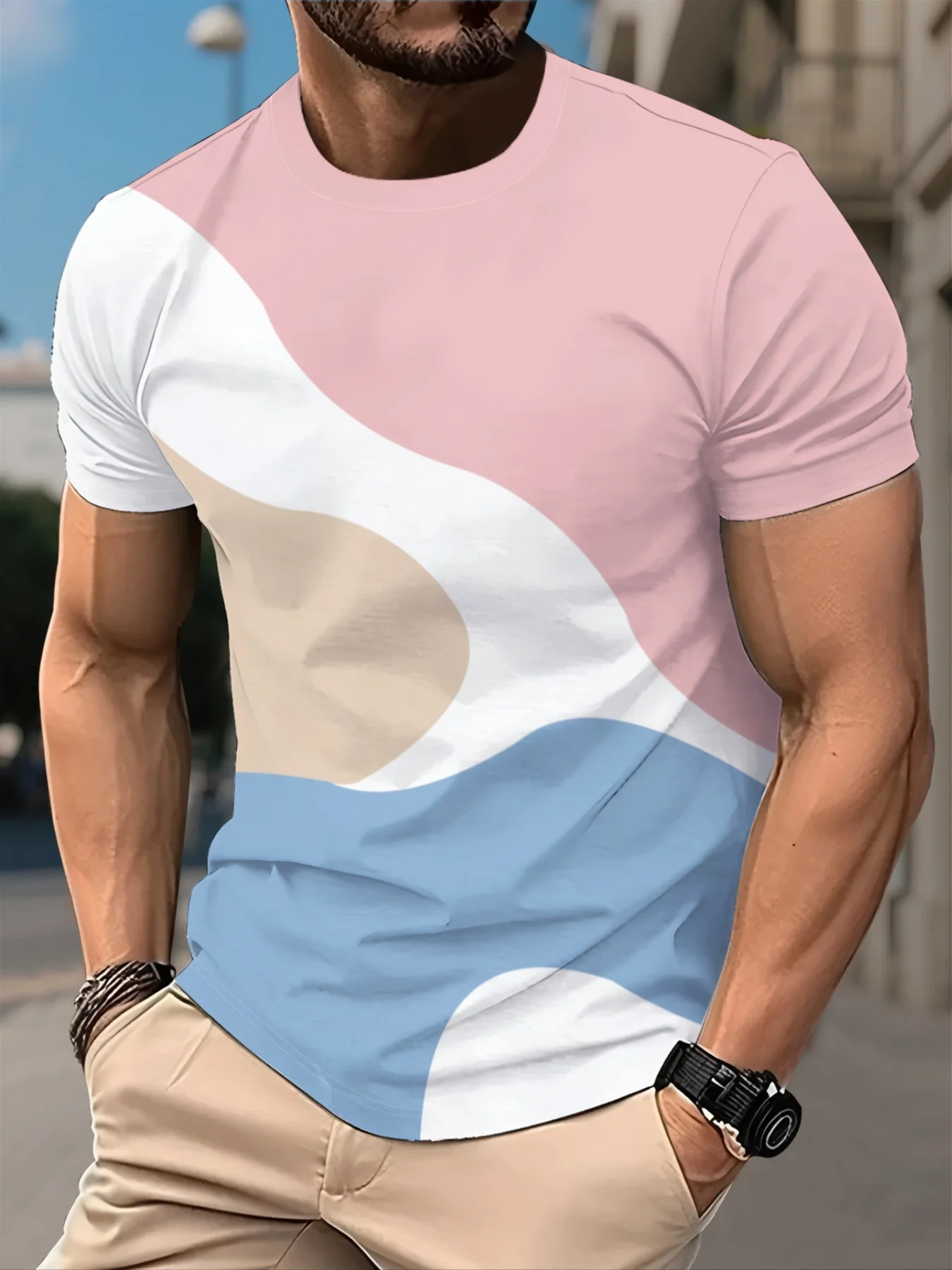 New men's short-sleeve T-shirt, loose-fitting and tailored with printed designs, versatile basic crew-neck top suitable for spri