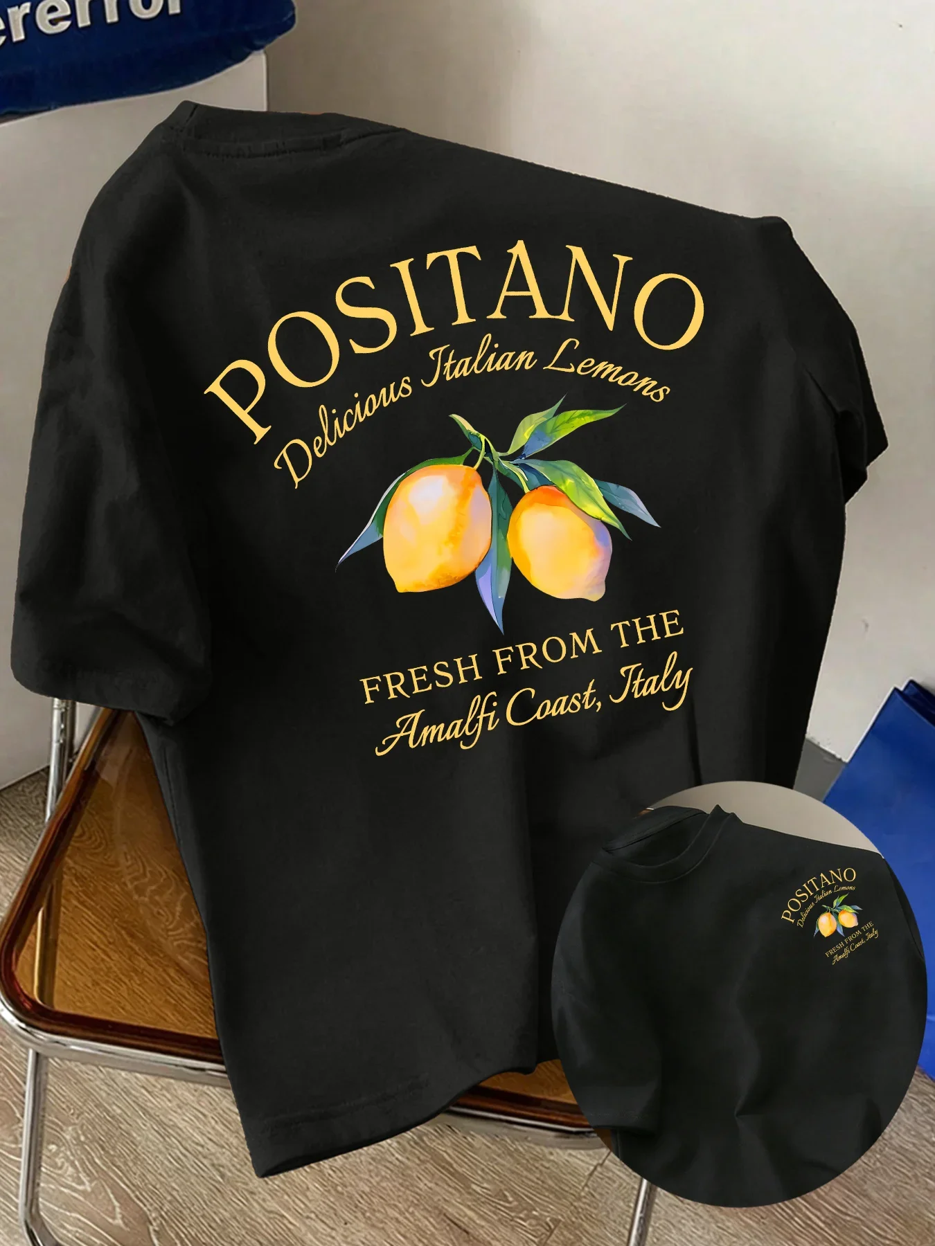 100% Pure Cotton Summer Men's and Women's New Short-Sleeved T-Shirt, POSITION Lemon Print, Suitable for Daily Street Leisure