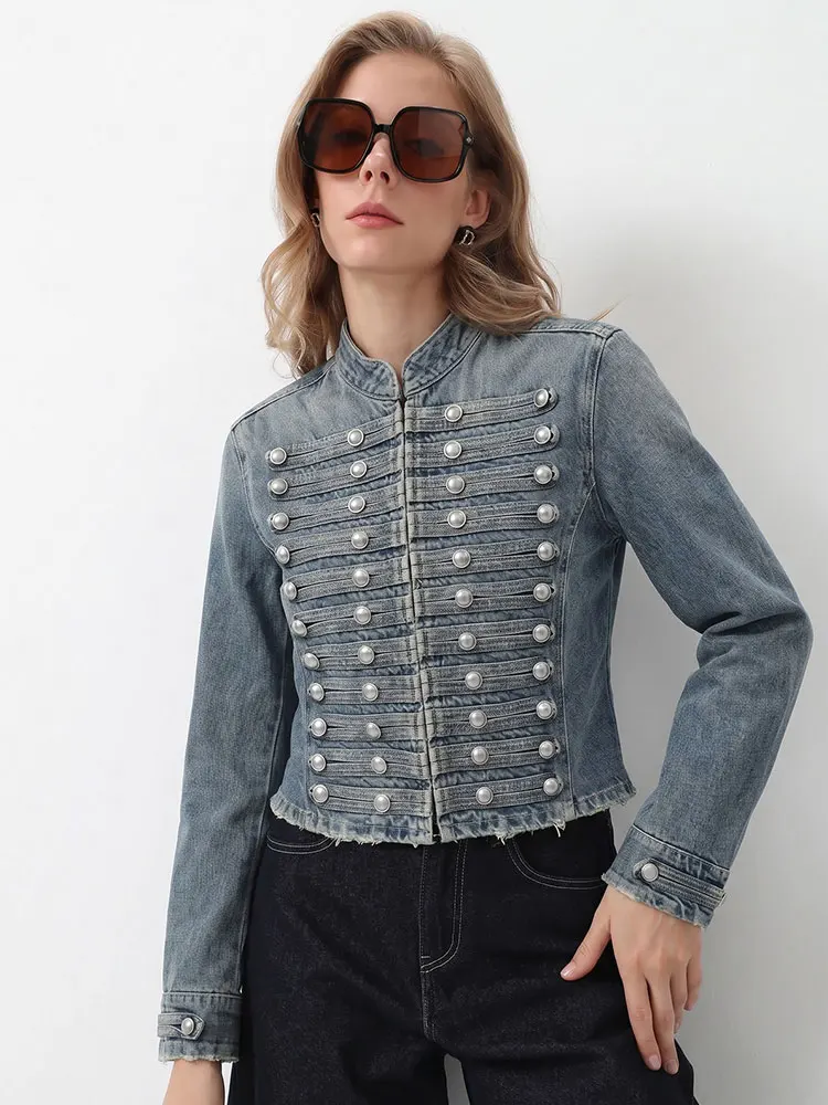 HH Damen Trendige Schlanke Blaue Jeansjacke mit Metallknopf-Dekoration für Streetstyle, Wochenendpartys, Freizeit und Urlaub